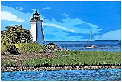 Sailboat Anchored by Black Rock Harbor Light. Digi Paint.